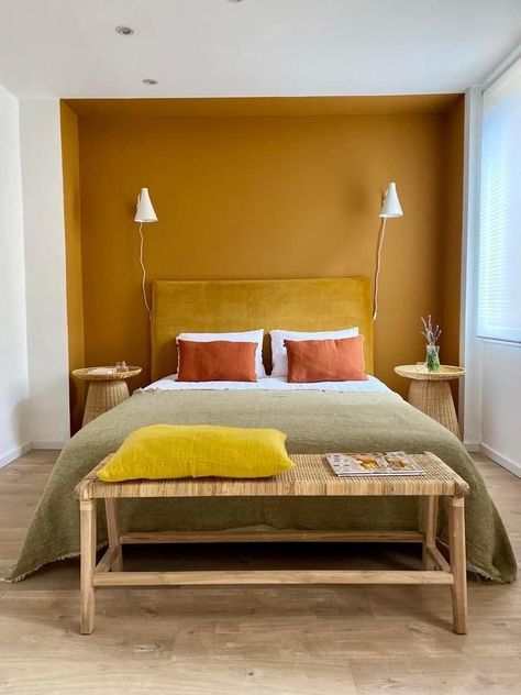 Mustard Wall Paint Bedroom, Mustard Wall Bedroom, Mustard Walls Bedroom, Dark Yellow Bedroom, Bedroom Paint Ideas Color Schemes, Mustard Yellow Bedroom Ideas, Ochre Bedroom, Mustard Bedroom, Bedroom Yellow