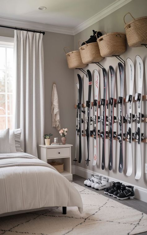 A minimalist ski gear room with neatly arranged ski equipment and clean lines. Ski Gear Storage, Ski Equipment Storage, Gear Room, Ski Room, Gear Storage, Ski Storage, Ski Equipment, Equipment Storage, Garage Storage Organization