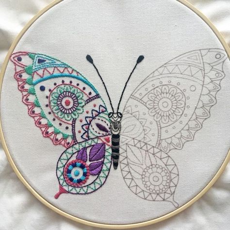 All Embroidery Stitches In One Design, Embroidery Designs Print, Fabric Stitching Design, Embroidery Designs For Love, Stitching Art Embroidery, Back Stitch Embroidery Design, Back Embroidery Design, Embroidery Work Design, Butterfly Embroidery Designs