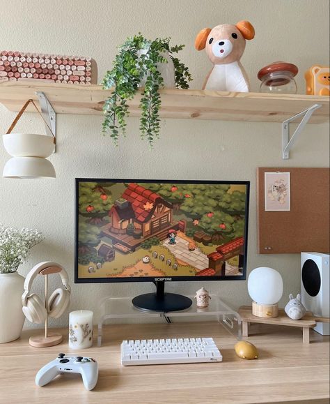 Aesthetic Desks, Small Room Interior, Game Room Ideas, Cozy Gamer, Gamer Bedroom, Room Neutral, Gaming Desk Setup, Cozy Gaming, Cozy Desk