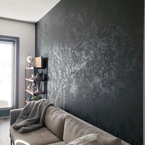 Venetian plaster in the color tricorn black! Check out @finishesbymorgan on Instagram or Facebook for more fun projects! Black Textured Accent Wall Bedroom, Venitian Walls Living Room, Black Plaster Walls, Textured Black Wall, Grey Venetian Plaster, Plaster Accent Wall, Black Venetian Plaster, Living Room Paint Design, Black Accent Wall Living Room