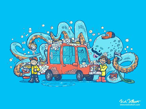 Octopus Carwash by Nick Volkert Space Octopus, Octopus Riding A Bicycle, Octopus Illustration Graphic Design, Octopus Attacking Ship, Octopus Coming Out Of Water Drawing, Sound System Car, Octopus Illustration, Illustration Vector, Over The Garden Wall