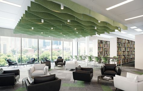 Felt Ceiling Baffles can be cut into virtually unlimited shapes, creating dramatic designs from soft waves to sloping angles. Office Ceiling Design, Baffle Ceiling, Acoustical Ceiling, Ceiling Options, Office Ceiling, Acoustic Design, Soft Waves, Metal Ceiling, Mountain Homes