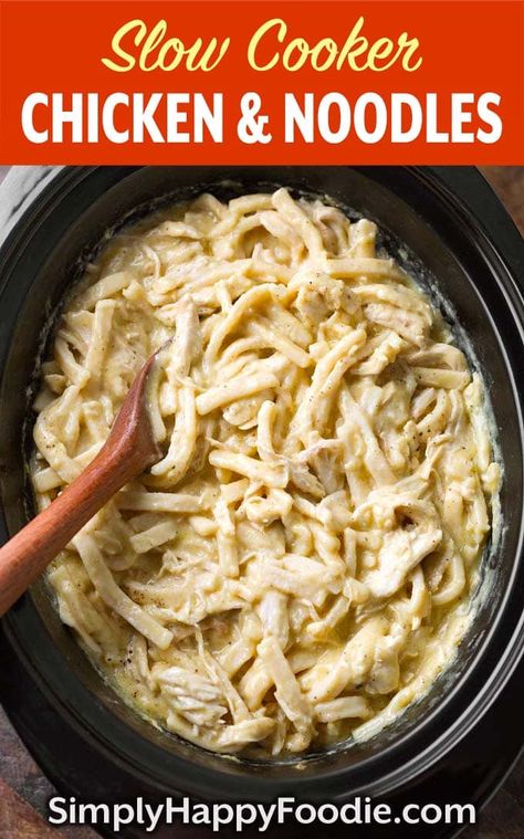 Slow Cooker Chicken and Noodles are yummy comfort food! These comforting chicken and noodles are a classic meal that will feed a hungry bunch! It doesn't get much easier to make than this delicious comforting crock pot chicken and noodles recipe! simplyhappyfoodie.com #chickenandnoodles #crockpotchickennoodles #slowcookerchickennoodles Comforting Chicken And Noodles, Slow Cooker Chicken And Noodles, Crock Pot Chicken And Noodles, Slow Cooker Kip, Chicken And Noodles Recipe, Creamy Chicken And Noodles, Crockpot Chicken And Noodles, Chicken And Noodles, Chicken Crockpot Recipes Easy