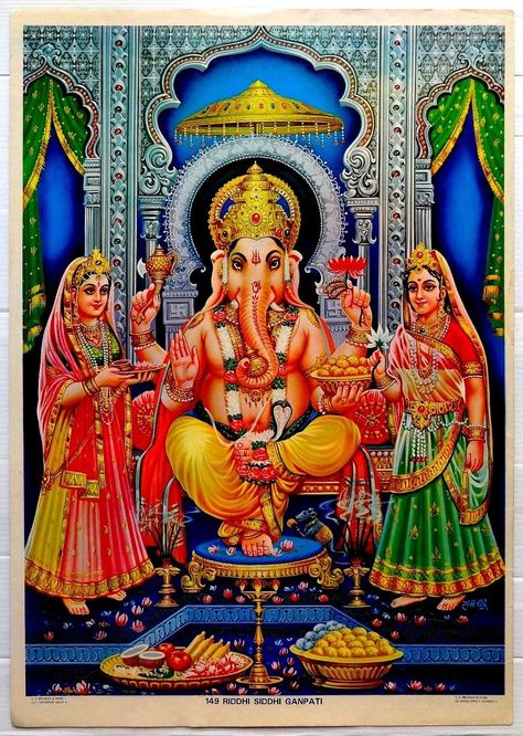 India RIDDHI SIDDHI GANPATI 13.5” x 19.5” vintage Hindu card Poster c.1960s picclick.com Riddhi Siddhi, Ganesha God, Ganesh Ji Images, Sri Ganesh, Ganesh Lord, Shiva Family, Shree Ganesh, Lord Ganesha Paintings, Shri Ganesh