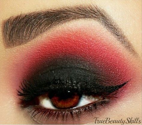 Black and Red eyeshadow Red And Black Eye Makeup, Ladybug Makeup, Burlesque Hair, Black And Red Makeup, Catrina Makeup, Berry Makeup, Red Eyeshadow Look, Competition Makeup, Devil Makeup