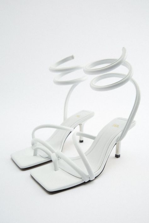 SPIRAL STRAP HEELED SANDALS - White | ZARA United States Insole Design, Zara Heels, White Sandals Heels, Sheep Leather, Sandals Brands, Zara Shoes, Zara United States, Heeled Sandals, Strap Heels