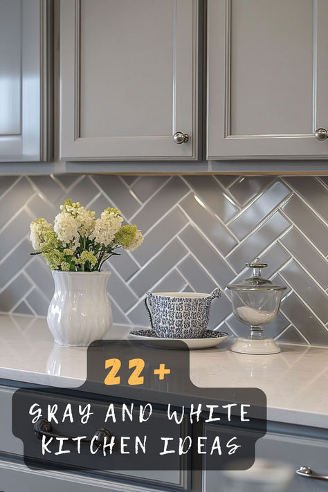 Embrace Elegance With 22 Gray And White Kitchen Designs 🏡✨! This Timeless Color Scheme Is Perfect For Creating A Sophisticated Atmosphere In Your Cooking Space. Discover Stunning Ideas That Will Elevate Your Home’s Aesthetic. Click To Learn More! 🍳🎉 #ElegantKitchens #GrayAndWhite #HomeDecor #InteriorDesign #StylishSpaces #KitchenInspo #HomeMakeover Gray And Cream Kitchen Ideas, White Kitchen Cabinets Silver Handles, Gray Open Concept Kitchen Living Room, White And Gray Kitchen Ideas Modern, Cabinet Colors With Gray Countertops, Stove At End Of Counter, Kitchen Paint Colors With Grey Cabinets, Off White Countertops Kitchen, Kitchen Backsplash With Grey Cabinets