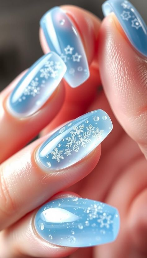 Create glacier ice-inspired designs using blue jelly polishes. #GlacierIceNails #WinterNails Ice Nails Ideas, Winter Jelly Nails, Glacier Nails, Ice Blue Nails Winter, Icicle Nails, Blue Nails Winter, Ice Blue Nails, Ice Nails, Holo Nails