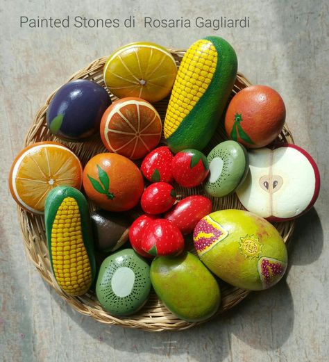 Mud Kitchen Stone Food, Painted Rocks Food Stones, Rocks Painted As Food, Mud Kitchen Food Rocks, Mud Kitchen Food Ideas, Painted Rock Play Food, Painted Rock Food Mud Kitchen, Rock Food For Mud Kitchen, Mud Kitchen Rock Food Diy