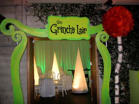 Grinch Nurses Station, Grinch Decorating Ideas Outside, The Grinch Lair, Grinches Lair Decorations, Grinch’s Lair Decorations, Grinch Doorway Decorations, Grinch Fireplace Decorations, Grinch Christmas Office Decor, Office Christmas Decorations Whoville