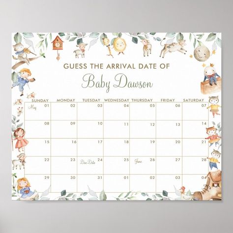 Nursery Rhyme Guess Baby Arrival Date Shower Game Poster  Zazzle Baby Birthday Activities, Book Themed Birthday Party, Lollipop Party, Baby Due Date, Hey Diddle Diddle, Whimsical Nursery, Chic Nursery, Birthday Activities, Baby Prediction