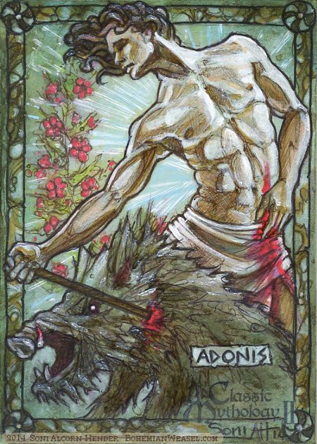 Adonis, by Soni Alcorn-Hender Adonis Greek, Greek Figures, Traditional Tattoo Woman, Greece Mythology, Ancient Gods, Gods Of Egypt, Roman Gods, Pagan Art, 8bit Art