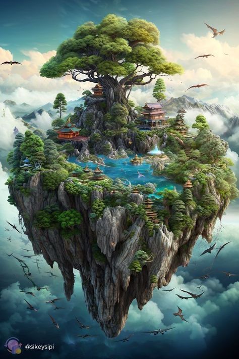 Fantasy Place Art, 3d Fantasy World, Illustration Art Landscape, Art For Decor, Sky City, 3d Landscape, Fantasy Island, Island Art, Fantasy City