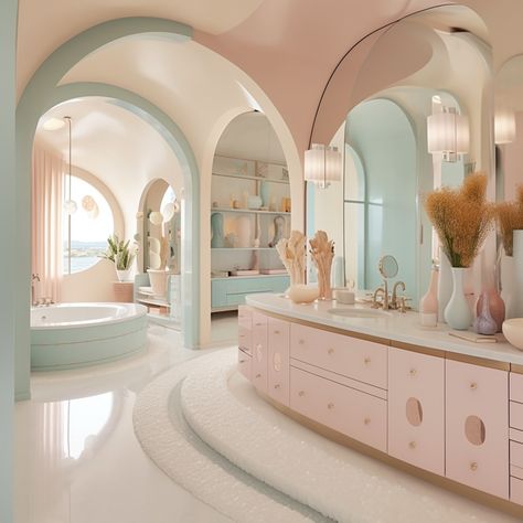 Pastel interior design ideas Luxury Pastel Aesthetic, Modern Pastel Interior, Pastel Office Decor Workspaces, House Interior Pastel, Pastel Colour House Interior, Pastel Bloxburg Bathroom, Kawaii Interior Design, Pastel Pink Interior Design, Japandi Pastel