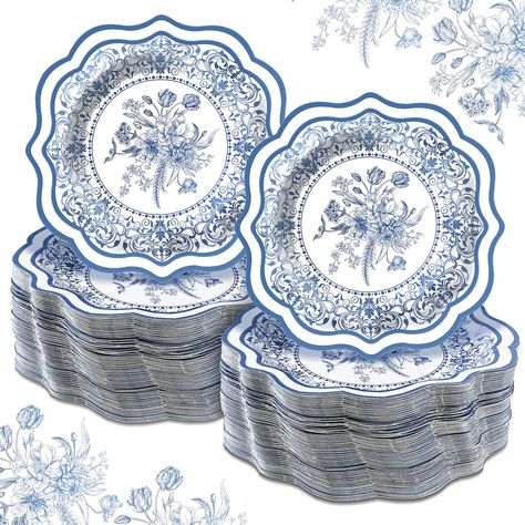 PRICES MAY VARY. Add Elegance with Each Serving: enjoy the elegance of our chinoiserie paper plates; The package includes 100 pieces of these exquisite plates, allowing you to cater to everyone's needs at large events or parties; Set the table in style and let your guests be impressed by the grace and charm of these delightful plates Charming Chinoiserie Designs: our blue and white floral paper plates feature an enchanting charm with their blue and white colors, with the elegant, classic chinois Blue And White Tablescapes, Disposable Wedding Plates, Scalloped Plates, Floral Paper Plates, Large Events, Salad Appetizer, Elegant Plates, Chinoiserie Design, Royal Party