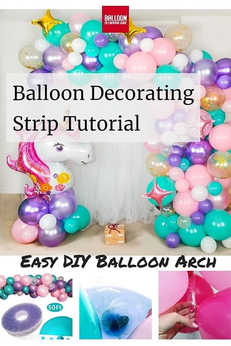 Unicorn balloon arch and various types of balloon decorating strips How To Use Balloon Arch Strip, How To Make A Balloon Arch Tutorials, Balloon Arch Tape, Baloon Garland, Science Birthday Party Ideas, Diy Balloon Arch, Balloon Arch Diy, Balloons Galore, Balloon Clusters