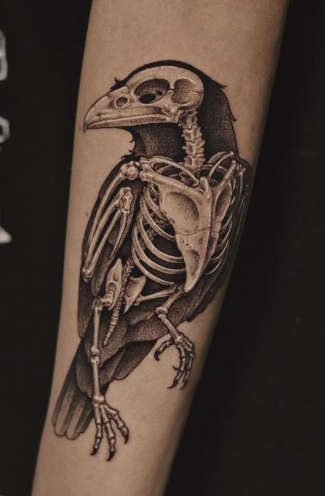 Dark Bird Tattoo, Edgy Tattoos Grunge, Bird Skull Tattoo, Bone Tattoos, Sick Tattoo, Wicked Tattoos, Skeleton Tattoos, Raven Tattoo, Creepy Tattoos