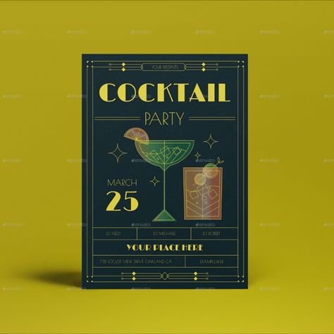 Navy Art Deco Cocktail Party Flyer Art Deco Social Media Design, Cocktail Party Flyer, Art Deco Menu, Art Deco Restaurant, Menu Illustration, Art Deco Cocktail, Navy Art, Dark Party, Graphic Design Trends