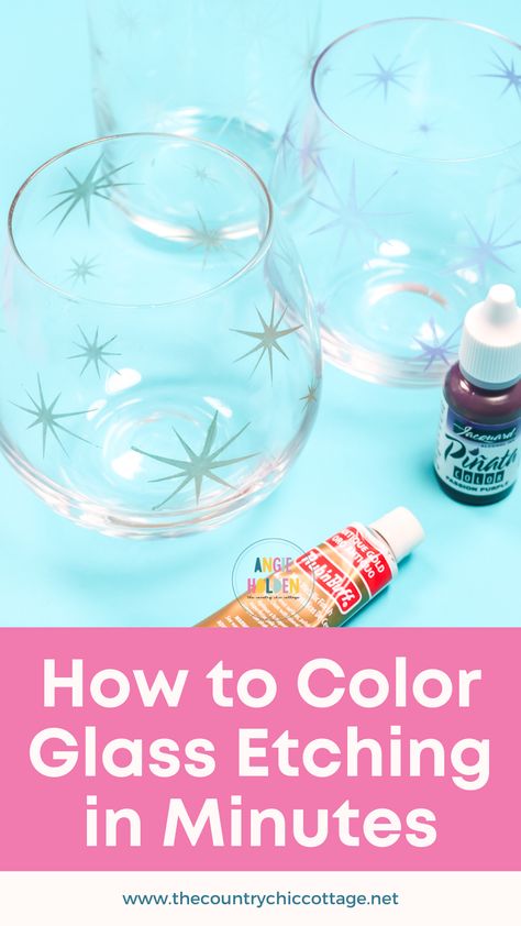 How To Do Glass Etching, Painting Etched Glass Diy, Personalized Etched Glasses, Color Etched Glass Diy, Cricut Glass Etching Ideas, Diy Etched Wine Glasses, Etching Glassware Diy Cricut, Coloring Etched Glass Diy, Simple Glass Etching Designs