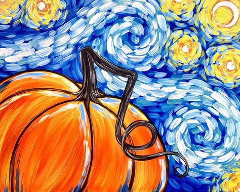 Pumpkin Art On Canvas, Starry Night Pumpkin Painting, Canvas Pumpkin Painting, Thanksgiving Painting Ideas, Starry Night Pumpkin, Pumpkin Painting Ideas Canvases, Fall Paintings On Canvas Easy, Halloween Art Projects, Painting Parties