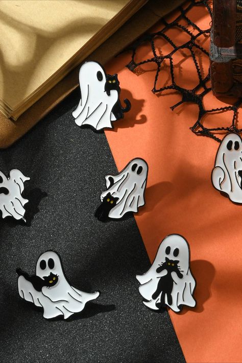 Airssory 6 Pcs 6 Styles Ghost with Cat Enamel Alloy Brooches Black Cat Badge Pins for Halloween DIY Clothes Sweater Bags Crafts Decoration Embellishments Clothes Sweater, Sweater Bags, Day Backpacks, Halloween Pins, Craft Decoration, Animal Brooch, Safety Pin, Spooky Season, Halloween Diy