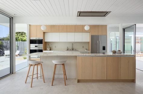 Terrazzo Kitchen Island, Terrazzo Counter, Eichler Kitchen, Modern White Kitchen Cabinets, Kitchen Cooktop, Kitchen White, Kitchen Ceiling, Counter Design, Kitchen Ceiling Lights