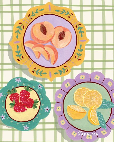 Summer table 🍓🍑☀️ . . . . #illustration #surfacedesign #freelanceillustrator #artlicensing Farm Illustration Art, Summer Aesthetic Illustration, Summer Illustration Art Drawings, Plate Design Drawing, Dining Table Illustration, Dishes Illustration, Fruit Rug, Bowl Illustration, Table Illustration