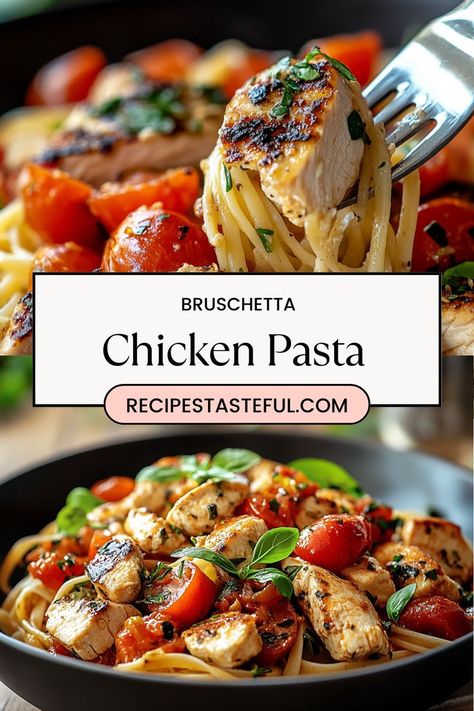 This delightful Bruschetta Chicken Pasta combines the fresh flavors of cherry tomatoes, basil, and garlic with tender chicken and al dente spaghetti. Drizzled with balsamic glaze and topped with Parmesan cheese, it’s a quick and flavorful dish perfect for weeknight dinners or special occasions. Cherry Tomato Chicken Pasta Recipes, Creamy Bruschetta Chicken Pasta, Balsamic Chicken And Pasta, Chicken Cherry Tomato Pasta, Cherry Tomato Dinner Recipes, Meals With Cherry Tomatoes, Pasta Recipes With Cherry Tomatoes, Chicken Cherry Tomato Recipe, Balsamic Spaghetti