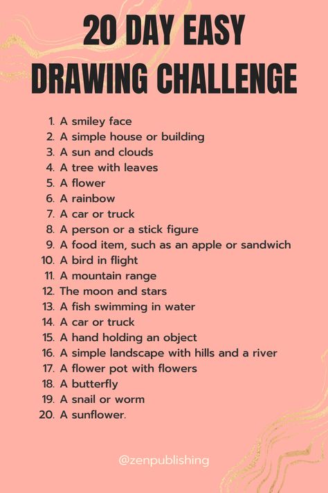 Have fun! #challenge #drawingchallenge #drawing #drawingideas Easy Drawing Challenge, Beginner Drawing, Art Journal Challenge, Sketchbook Challenge, 30 Challenge, 30 Day Drawing Challenge, 10 Day Challenge, Journal Challenge, Sun And Clouds