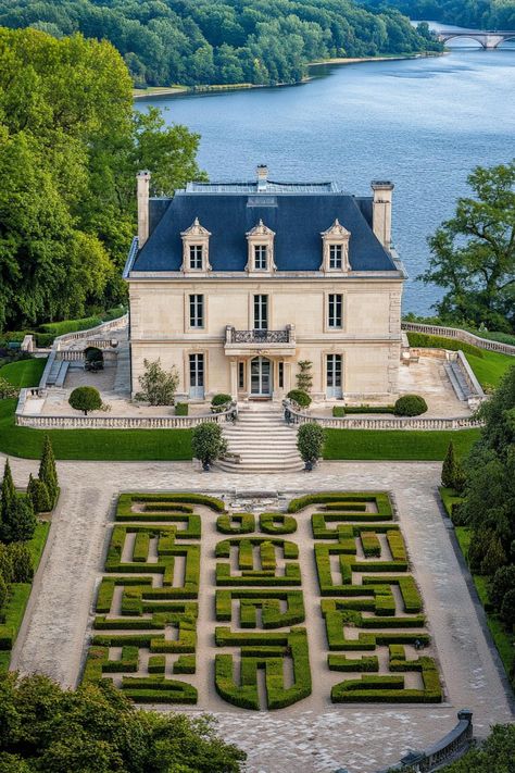 41 Elegant French Mansions of Your Dreams Modern French Mansion, New England Mansion, Unusual Architecture, French Mansion, French Chateau Style, Blue Roof, Europe Aesthetic, Big River, European Castles