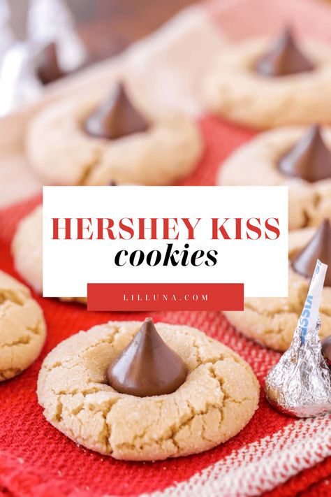 Hershey Kiss cookies are soft, chewy peanut butter cookies topped with a tasty chocolate kiss! It's a best-loved simple cookie recipe. #peanutbuttercookies #kisscookies #cookies #peanutbutter #hersheyskiss Peanut Butter Hershey Kiss Cookies, Peanut Butter Kiss Cookies Recipe, Soft Chewy Peanut Butter Cookies, Simple Cookie Recipe, Kiss Cookie Recipe, Chocolate Kiss Cookies, Hershey Kiss Cookies, Peanut Butter Kiss, Peanut Butter Kiss Cookies