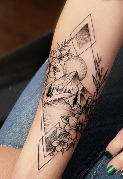 Moutain Tattoos Thigh, Outdoors Tattoos For Women Sleeve, Outdoorsy Sleeve Tattoos For Women, Sleeve Tattoos For Women Mountains, Unique Half Sleeve Tattoos Upper Arm, Nature Upper Arm Tattoo, Geometric Half Sleeve Tattoos For Women, Feminine Outdoors Tattoo, Mountain Tattoo Colorado