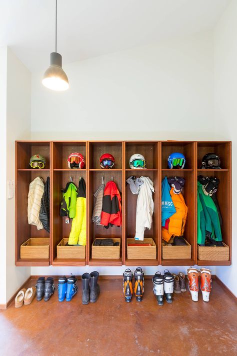 Vermont Ski House Renovation & Addition - Rustic - Entry - Boston - by Maynard Design + Architecture | Houzz Ski Mudroom Ideas, Ski Mudroom, Vermont Ski House, Stained Concrete Floors, Mudroom Cubbies, Rustic Entry, Ski Locker, Gear Room, Old World Kitchens