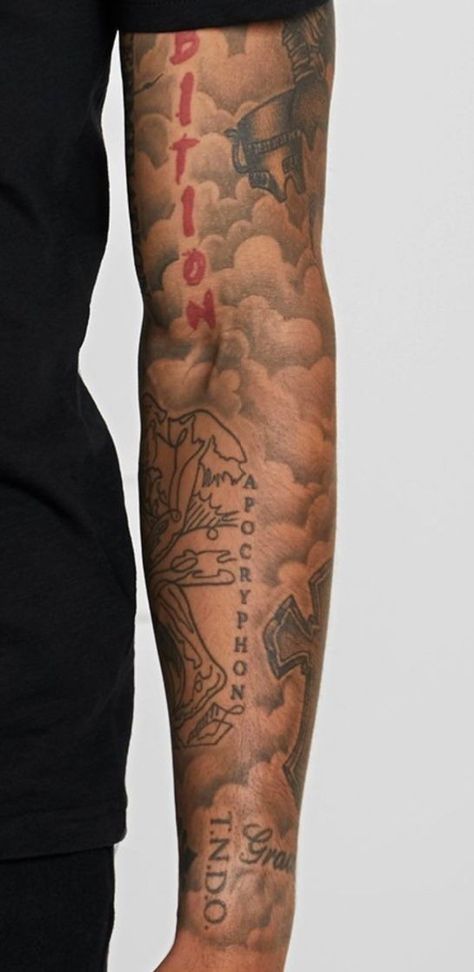 Edgy Sleeve Tattoo Men, Tattoo Ideas For Men Full Arm, Cloud Sleeve Tattoo Men, Cloud Tattoo Men, Cloud Tattoo Arm, Cloud Tattoo Sleeve For Men, Men’s Forearm Sleeve, Full Arm Tattoo Men Ideas, Cool Half Sleeve Tattoos For Men Ideas