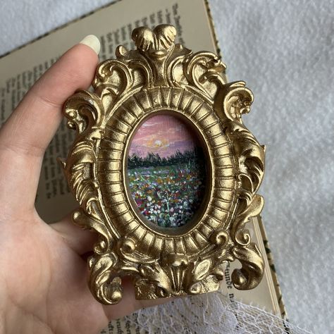 Miniature Painting Ideas, Miniature Framed Art, Modern Miniature Paintings, Miniature Painting Landscape, Ornate Painting Frame, Miniature Acrylic Painting Mini Canvas, Forest Artwork, Mini Frame, Painting Forest