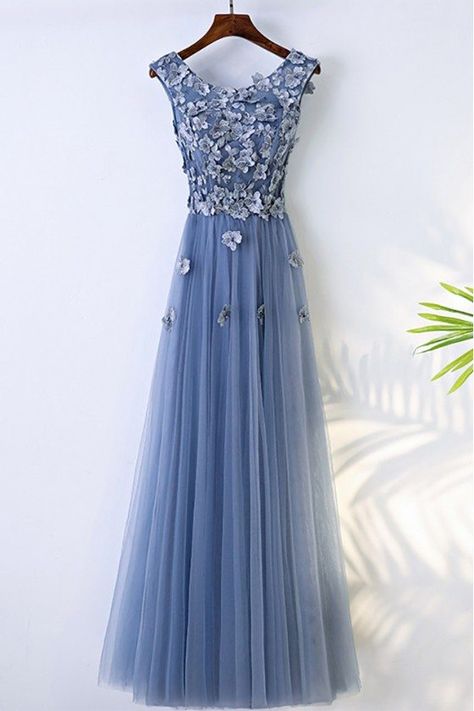 Scoop Neck Bridesmaid Dress, Flowy Prom Dresses, Chic Prom Dresses, Flower Prom Dress, Beautiful Evening Gowns, Blue Evening Dresses, Blue Tulle, Long Prom Dresses, Custom Size Dresses