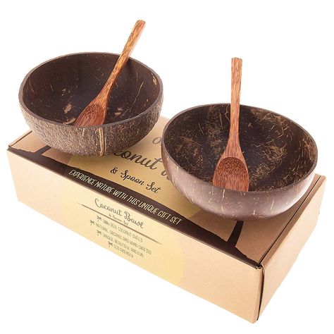 Amazon.com | Coconut Bowls and Coconut Spoons Gift Set (Set of 2 Coco Bowls + 2 Coco Spoons) - 100% Natural - Vegan - Organic - Hand Made - Eco Friendly - Made from Reclaimed Coconut Shells - Artisan Craft: Serving Bowls Coconut Shell Crafts, Coconut Bowls, Coconut Shells, Wood Platter, Spoon Gifts, Coconut Wood, Coconut Bowl, Craft Packaging, Diy Wooden Projects