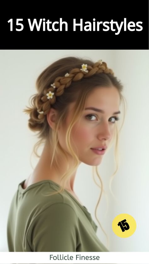 Witch Hairstyles,Woman with braided crown witch hairstyle How To Do A Braided Crown, Woodland Fairy Hair, Ren Faire Braids, Forest Fairy Hairstyles, Pagan Hairstyles, Hair Rings Hairstyles, Ren Faire Hair, Witch Hairstyles, Cornrow Hairstyles For School