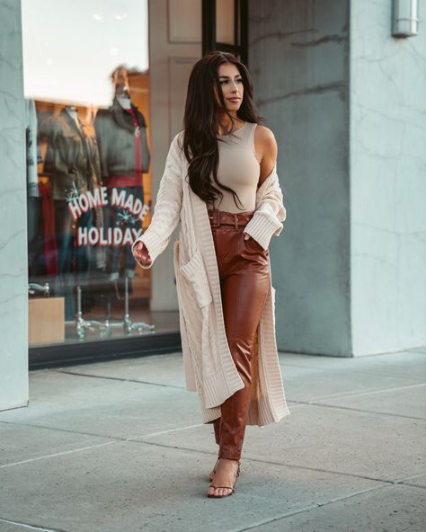 Yvetteg23: fall outfit, winter outfit, leather pants outfit, tan leather trousers, camel leather pants , taupe bodysuit, longline cream duster cardigan outfit. Neutral outfit #neutralstyle #leatherpants #outfit #instagramphotoshoot #bloggerpose #poseideas #streetstyle #aesthetic #fallfashion #winterfashionoutfits #ootd #outfit #style #cardigan #leather #trousers #holidayoutfit Duster Cardigan Outfit, Cream Cardigan Outfit, Brown Leather Pants Outfit, Leather Trousers Outfit, Tan Outfit, Dress Pants Outfits, Brown Leather Pants, Leather Pants Outfit, Duster Cardigan