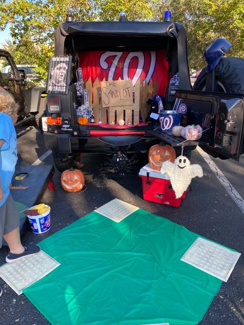 Trunk Or Treat The Sandlot, Trunk Or Treat Sandlot Theme, Phillies Trunk Or Treat, Trunk Or Treat Ideas For Cars Baseball, Baseball Trunk Or Treat Ideas For Cars, Creative Trunk Or Treat Ideas For Suv, Construction Trunk Or Treat Ideas, The Sandlot Trunk Or Treat Ideas, Sandlot Decorations