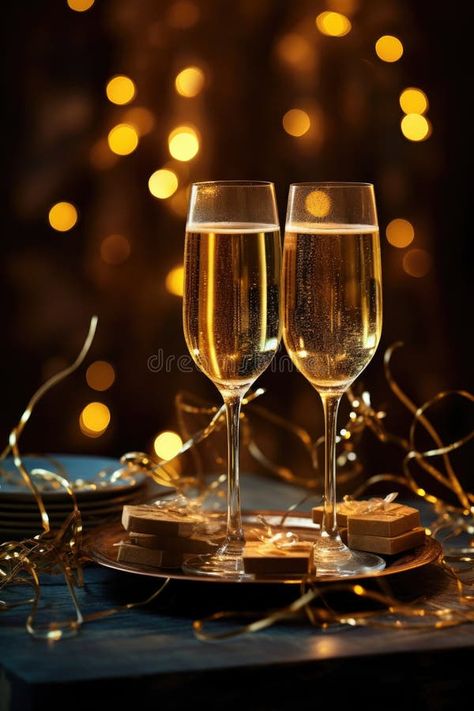 Two glasses of sparkling champagne with Christmas ornaments and red ribbon on a festive background with bokeh lights stock image Festive Background, Sparkling Champagne, Bokeh Lights, Red Ribbon, Stock Illustration, Champagne, Stock Images, Design Inspiration, Ribbon