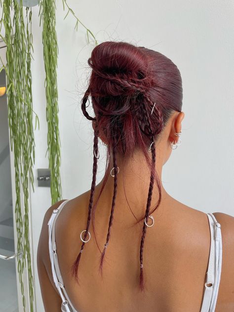 Cool Plaits Hairstyles, Hoops In Braids, Bun Hairstyle With Braid, Messy Bun With Plait, Hoops In Hair, Hairstyle With Rings, Plait Bun Hairstyles, Bun And Braid Hairstyles, Braids And Buns Hairstyles