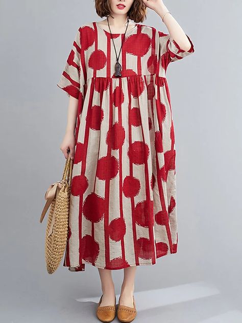 Original Polka-Dot Split-Joint Round-Neck Midi Dress Loose Denim Dress, Batwing Sleeve Shirt, Loose Shirt Dress, White Long Sleeves, Cotton Long Dress, Vacation Dress, Short Sleeve Dress Shirt, Red Midi Dress, Vacation Dresses