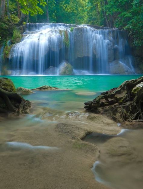 Erawan Waterfall, Beach Waterfall, Beautiful Scenery Photography, Scenery Photography, Nature Sounds, Dream Travel Destinations, Paradise On Earth, Beautiful Waterfalls, Beautiful Photos Of Nature