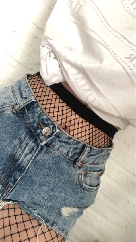 Just my and my fishies Black Shorts With Fishnets, Fish Net Tights Outfit Shorts, Fishnets With Shorts, Fish Nets Outfit, Ripped Jeans With Fishnets, Fishnet And Jeans, Fishnets Outfit, Tights Under Jeans, Mesh Aesthetic