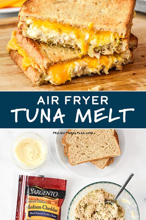 This Air Fryer Tuna Melt can be made with your fave tuna salad or my quick no-chop recipe! Either way, it makes a delicious, cheddar cheesy, melty sandwich you can cook in your air fryer in only 8 minutes! #tunamelt #airfryerrecipe #airfryer Air Fryer Tuna Melt, Air Fryer Tuna, Tuna Melt Sandwich, Tuna Melt Recipe, Recipe Air Fryer, Melt Recipe, Tuna Melt, Tuna Melts, Air Fryer Dinner Recipes