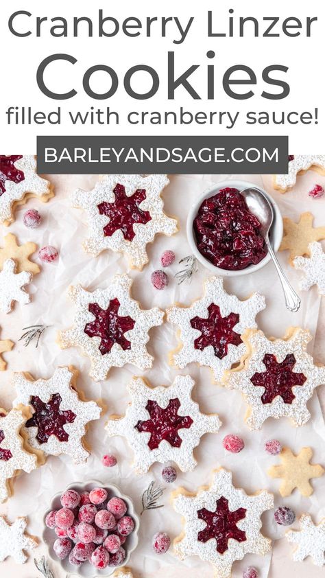 These snowflake shaped linzer cookies are spiced with cinnamon and filled with homemade cranberry jam. The perfect Christmas cookies! Cranberry Sauce Cookies, Favorite Christmas Cookies, Linzer Cookies Recipe, Brown Butter Cookies, Cranberry Jam, Homemade Cranberry Sauce, Linzer Cookies, Jam Cookies, Favorite Cookie Recipe