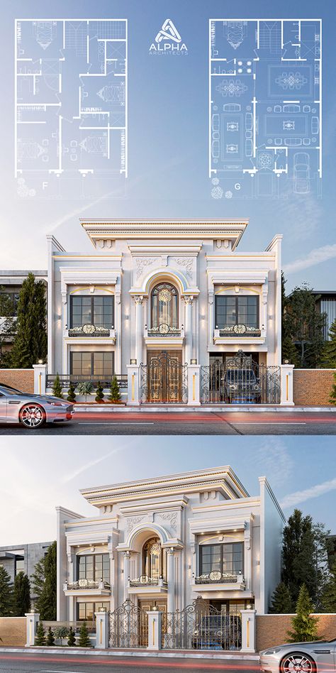 Modern Classic Villa Exterior, Classic Villa Exterior, Classic Elevation, Classic Villa Design, Classic Exterior Design, Villa Exterior Design, Classical Building, Classical House, Classic House Exterior