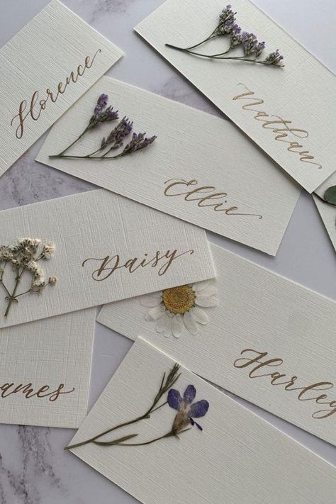 Pressed Flower Wedding Invitations, Pressed Flower Wedding, Flower Place Cards, Flower Wedding Invitations, Flower Place, Flower Places, Wedding Name Cards, Wedding Name, Wildflower Wedding